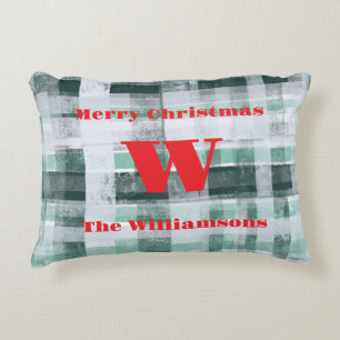 Christmas monogram plaid tartan green white red accent pillow