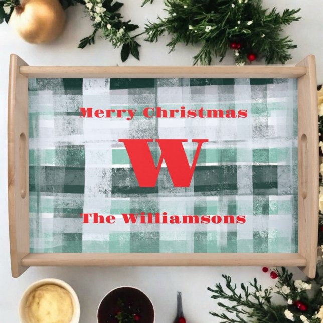 Christmas monogram plaid tartan green white red  serving tray (Creator Uploaded)