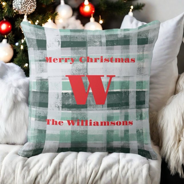 Christmas monogram plaid tartan green white red  throw pillow (Creator Uploaded)