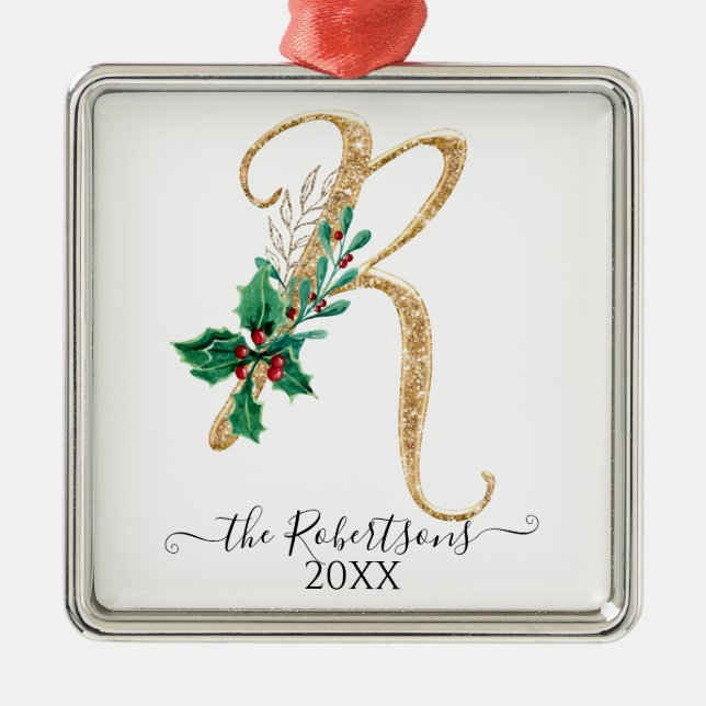 Christmas Monogram R Gold Glitter Holly Foliage Metal Ornament (Front)