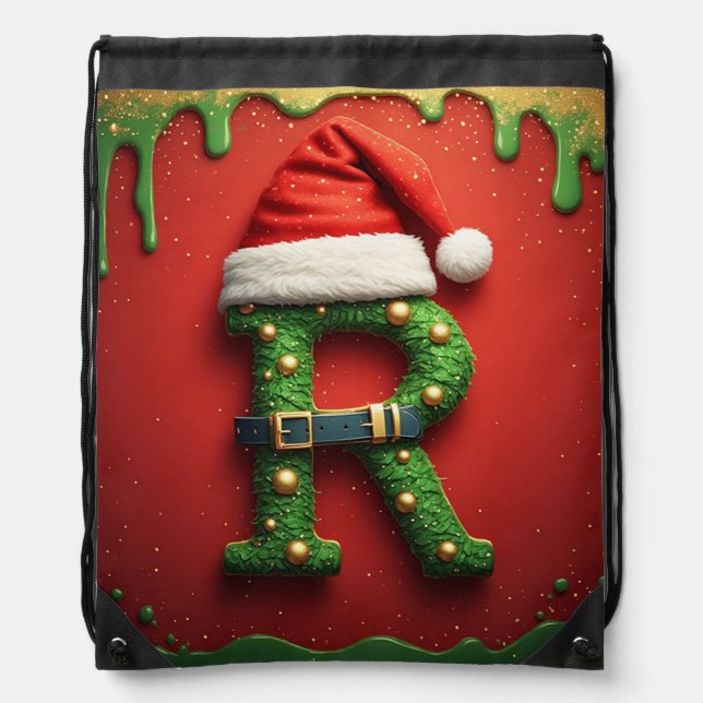 Christmas Monogram R with Santa Hat – Holiday Gift Drawstring Bag (Front)