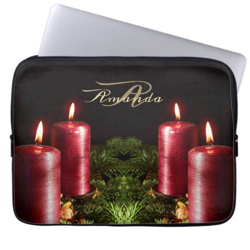 Christmas Monogram Red Candles Winter Holidays Laptop Sleeve