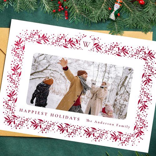 CHRISTMAS monogram Red Foil Botanicals Frame Holiday Card