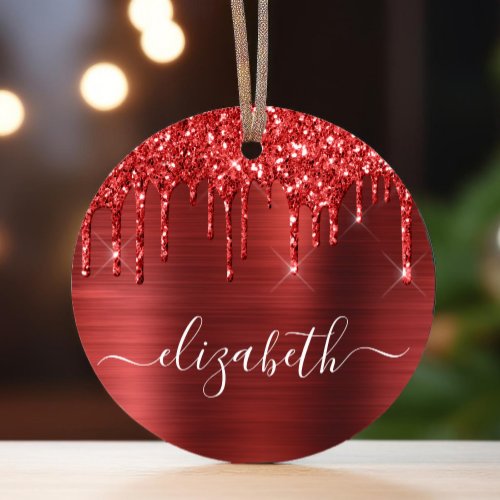 Christmas Monogram Red Glitter Metal Ornament