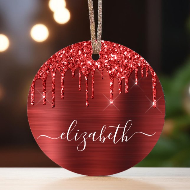 Christmas Monogram Red Glitter Metal Ornament (Creator Uploaded)