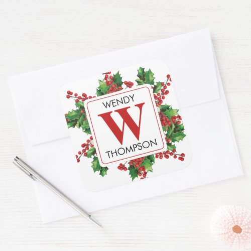 Christmas Monogram Red  Green Festive Square Sticker