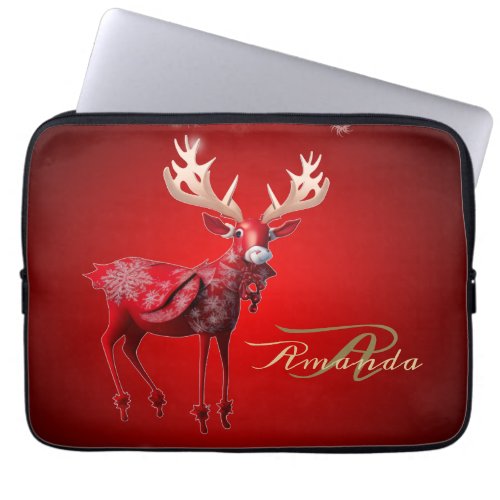 Christmas Monogram Red Reindeer Winter Holidays Laptop Sleeve