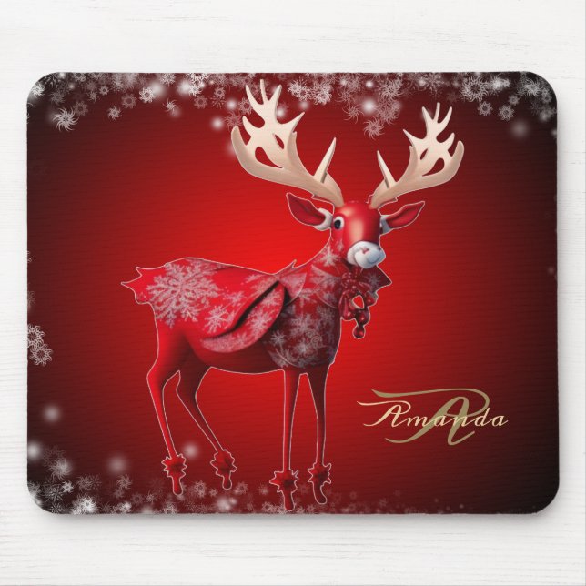 Christmas Monogram Red Reindeer Winter Holidays Mouse Pad (Front)