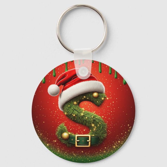 Christmas Monogram S with Santa Hat Holiday Gift Keychain (Front)