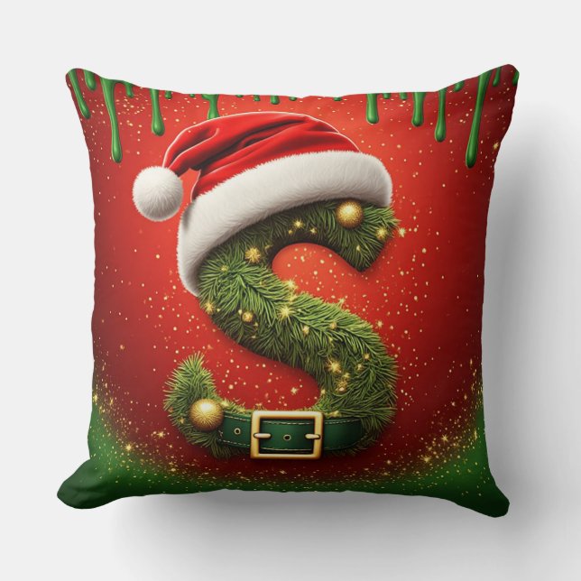 Christmas Monogram S with Santa Hat Holiday Gift Throw Pillow (Front)