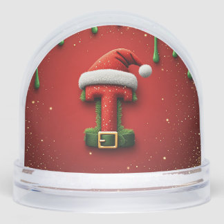 Christmas Monogram T with Santa Hat Holiday Gift Snow Globe