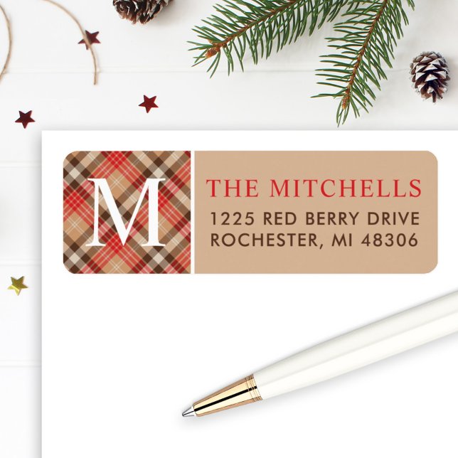 Christmas Monogram Tan Tartan Plaid Address Label (Creator Uploaded)