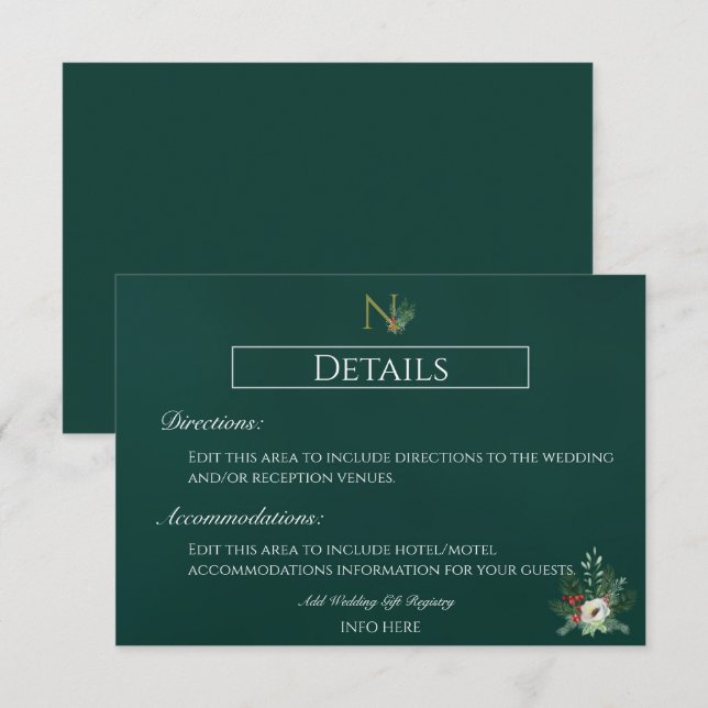 Christmas Monogram Wedding Details Enclosure Card (Front/Back)
