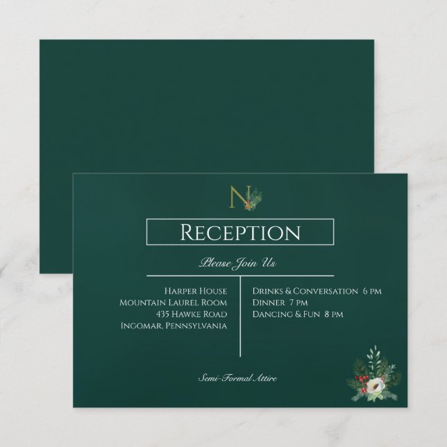 Christmas Monogram Wedding Reception  Enclosure Card (Front/Back)