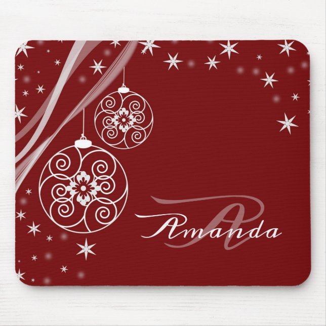 Christmas Monogram White Ornaments Red Elegant Mouse Pad (Front)