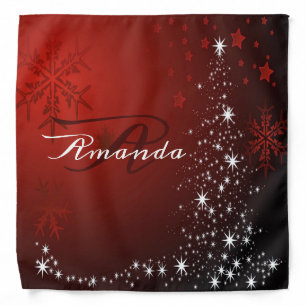 Christmas Monogram White Stars Tree Red Snowflakes Bandana