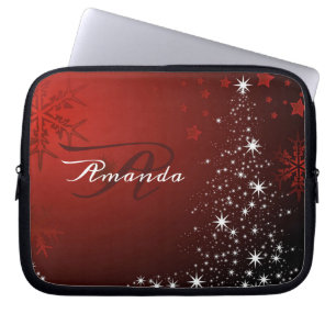 Christmas Monogram White Stars Tree Red Snowflakes Laptop Sleeve