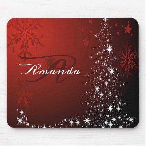 Christmas Monogram White Stars Tree Red Snowflakes Mouse Pad