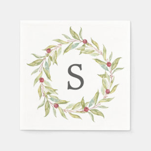 Christmas Monogram Winter Greenery Leaves Berries Napkins