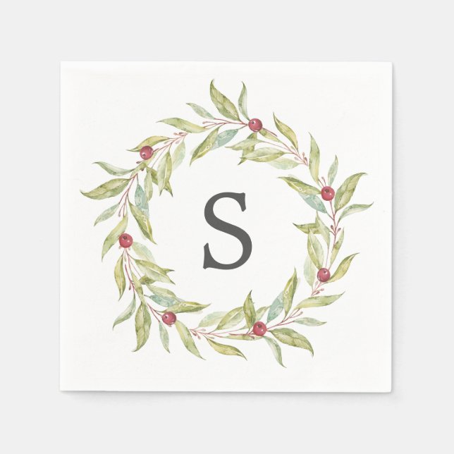 Christmas Monogram Winter Greenery Leaves Berries Napkins (Front)