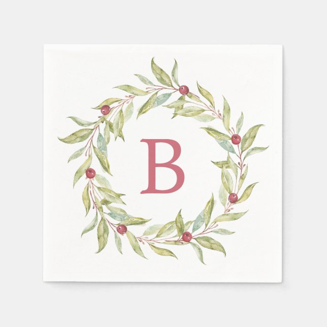 Christmas Monogram Winter Greenery Leaves Berries Napkins (Front)