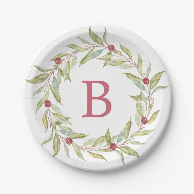 Christmas Monogram Winter Greenery Leaves Berries Paper Plates (Front)