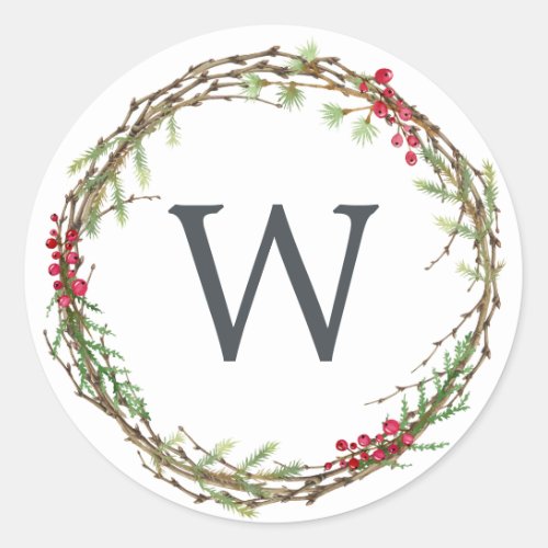 Christmas Monogram Winter Greenery Wreath Berries Classic Round Sticker