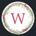 Christmas Monogram Winter Greenery Wreath Berries Classic Round Sticker<br><div class="desc">Rustic monogrammed winter greenery leaves berries wreath Christmas envelope seal or gift sticker. Simply customize the Christmas label by adding your monogram initial. Modern and simple,  red and green Christmas theme. Exclusively designed for you by Happy Dolphin Studio. If you need any help please contact us at happydolphinstudio@outlook.com.</div>