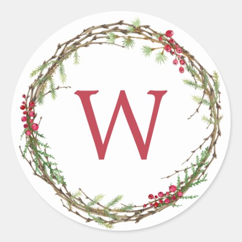 Christmas Monogram Winter Greenery Wreath Berries Classic Round Sticker