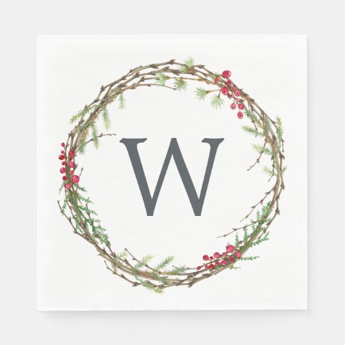 Christmas Monogram Winter Greenery Wreath Berries Napkins