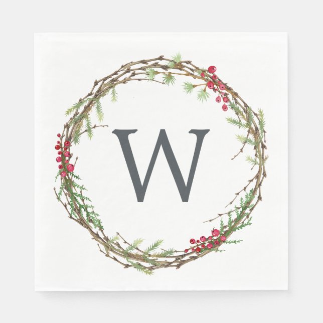 Christmas Monogram Winter Greenery Wreath Berries Napkins (Front)