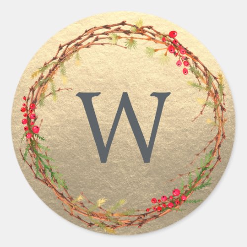 Christmas Monogram Winter Greenery Wreath Gold Classic Round Sticker