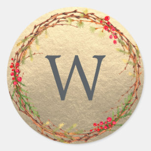 Christmas Monogram Winter Greenery Wreath Gold Classic Round Sticker
