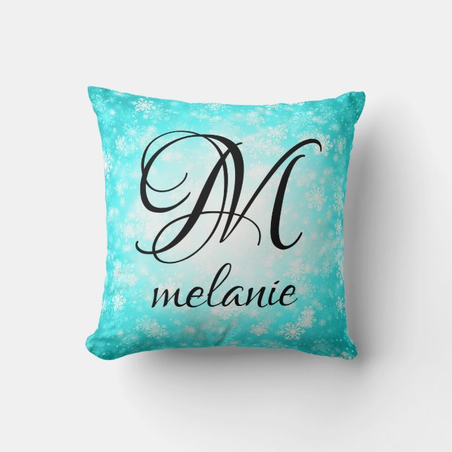 Christmas Monogram Winter Wonderland Turquoise Throw Pillow (Front)