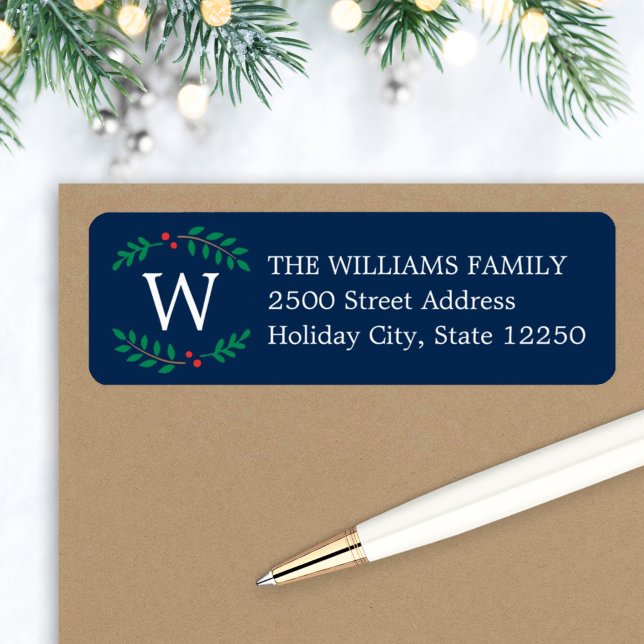Christmas Monogram Wreath Navy Blue Return Address Label (Creator Uploaded)