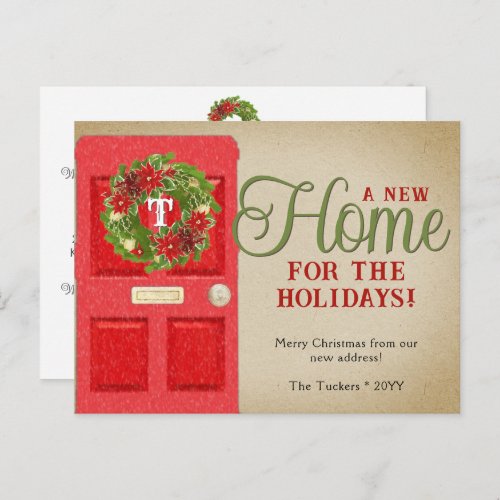 Christmas Monogram Wreath on Red Door Moving Postcard