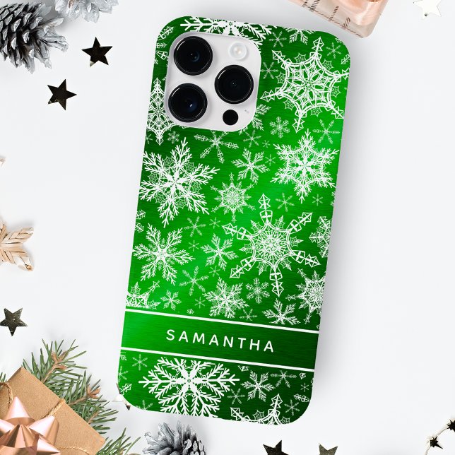 Christmas Monogrammed Green White Snowflakes Case-Mate iPhone Case (Creator Uploaded)