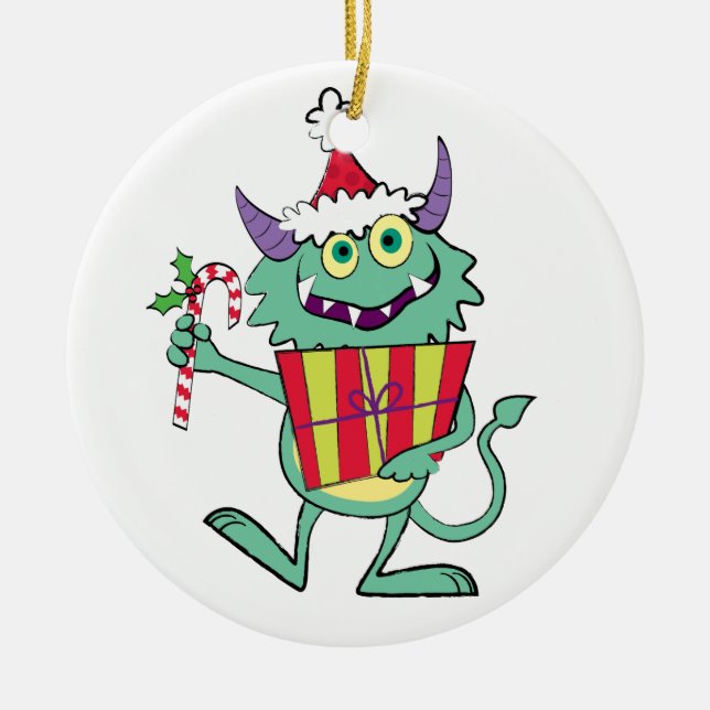 Christmas Monster with Gift Ceramic Ornament (Front)