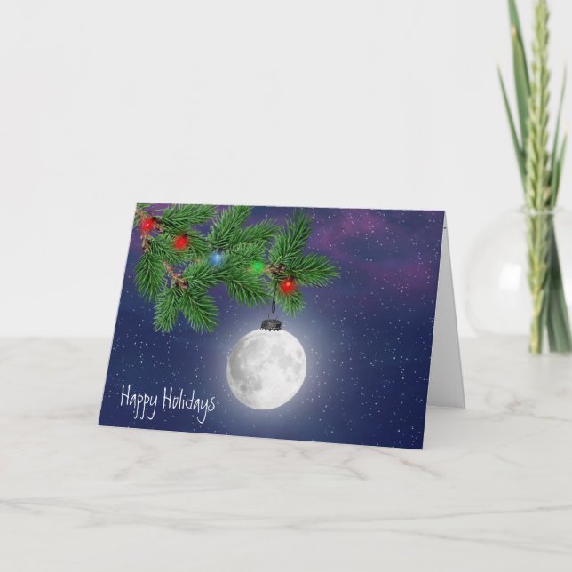 Christmas Moon Ornament Hanging From Pine Bough Card (Front)