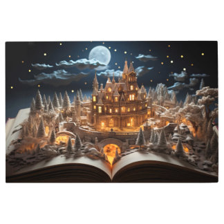Christmas Moonlit Storybook Castle Courtyard Metal Print