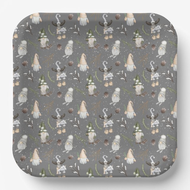 Christmas Moose and Gnomes Paper Plates (Front)