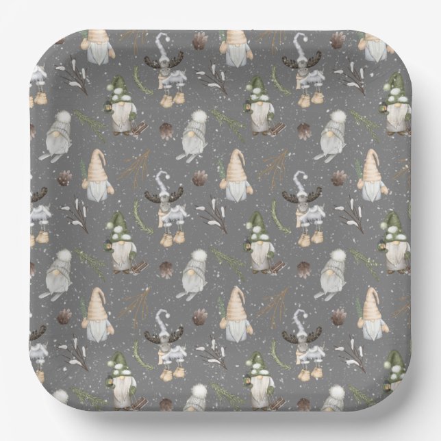 Christmas Moose and Gnomes Paper Plates (Front)