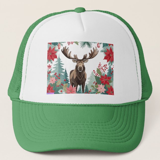 Christmas Moose And Poinsettias Trucker Hat (Front)