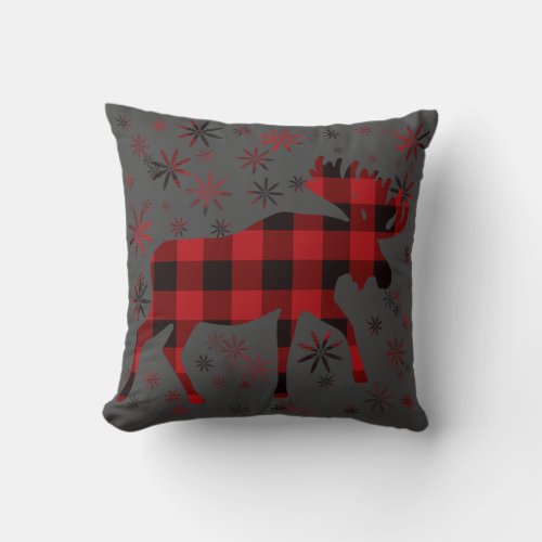 Christmas Moose classic red black plaid Throw Pillow