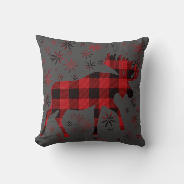 Christmas Moose classic red black plaid Throw Pillow (Front)