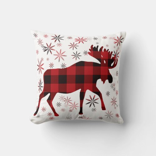 Christmas Moose classic red black plaid Throw Pillow