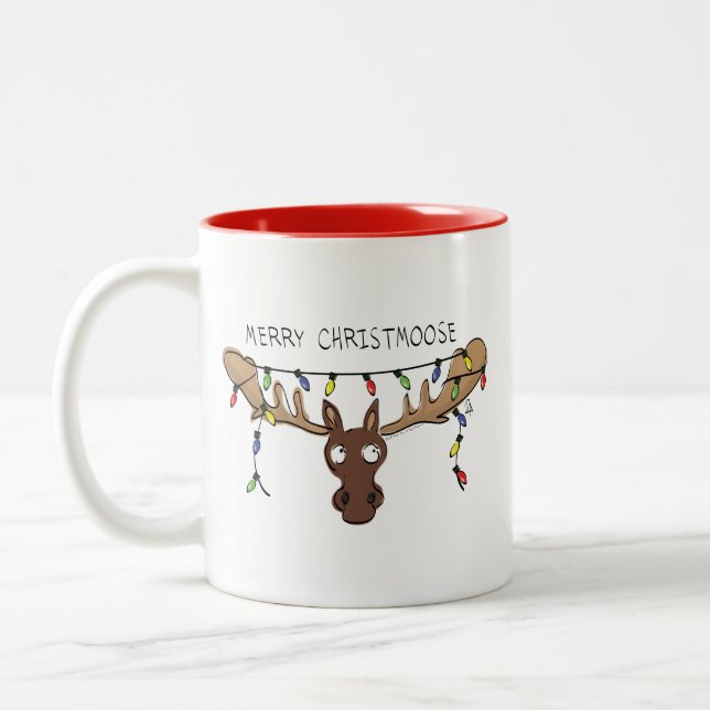 Christmas Moose Cute Funny Holiday Animal Two-Tone Coffee Mug (Left)