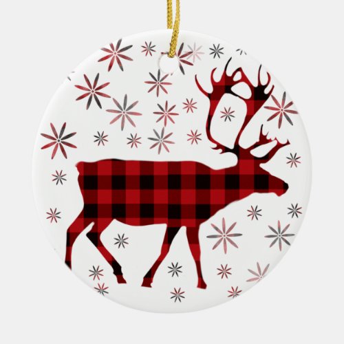 Christmas Moose deer elk caribou red plaids  Ceramic Ornament