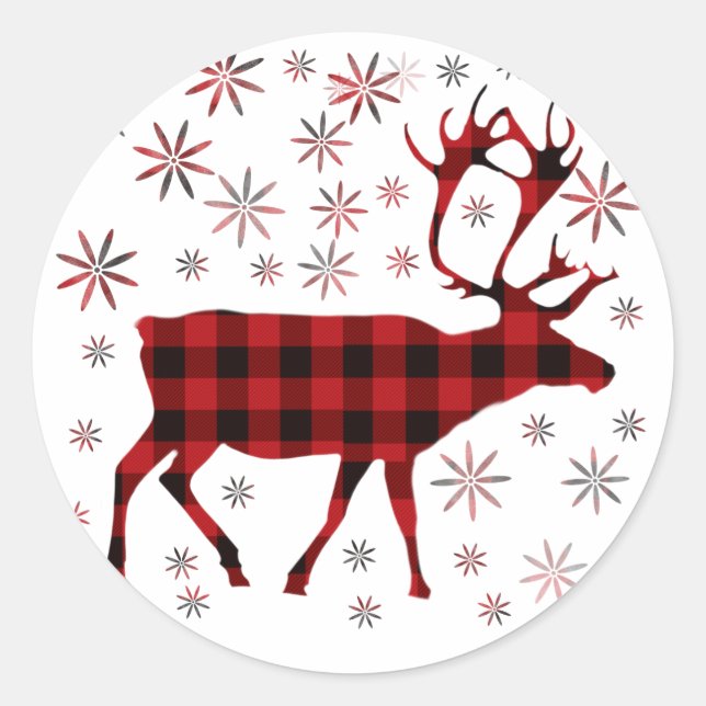 Christmas Moose, deer, elk, caribou, red plaids  Classic Round Sticker (Front)