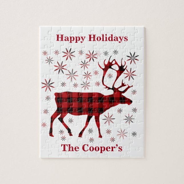 Christmas Moose, deer, elk, caribou, red plaids  Jigsaw Puzzle (Vertical)